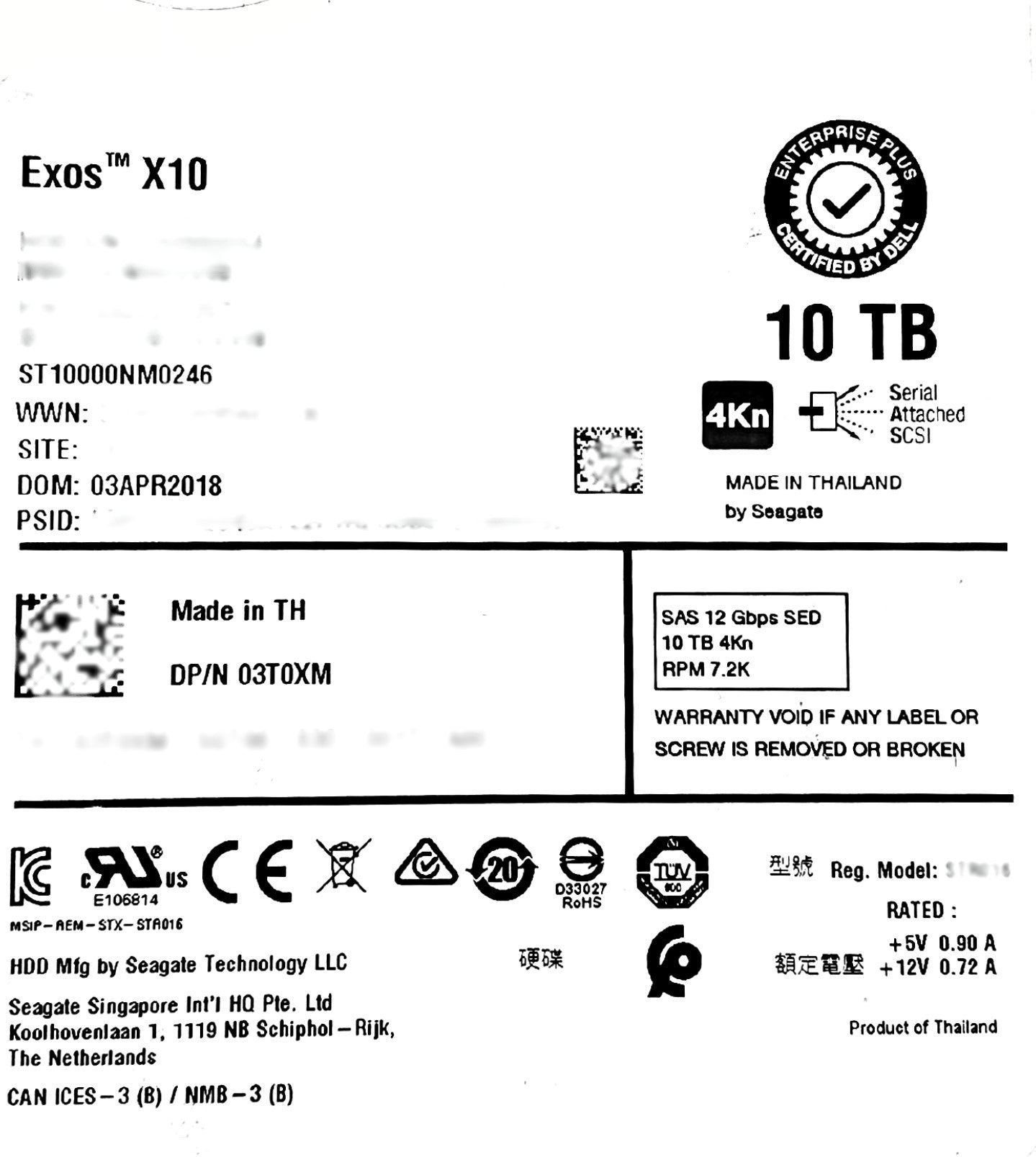 Dell 3T0XM-CML 10TB 7.2K SAS 3.5 12K 4K SED ST10000NM0246 / 2AA222-257, Used