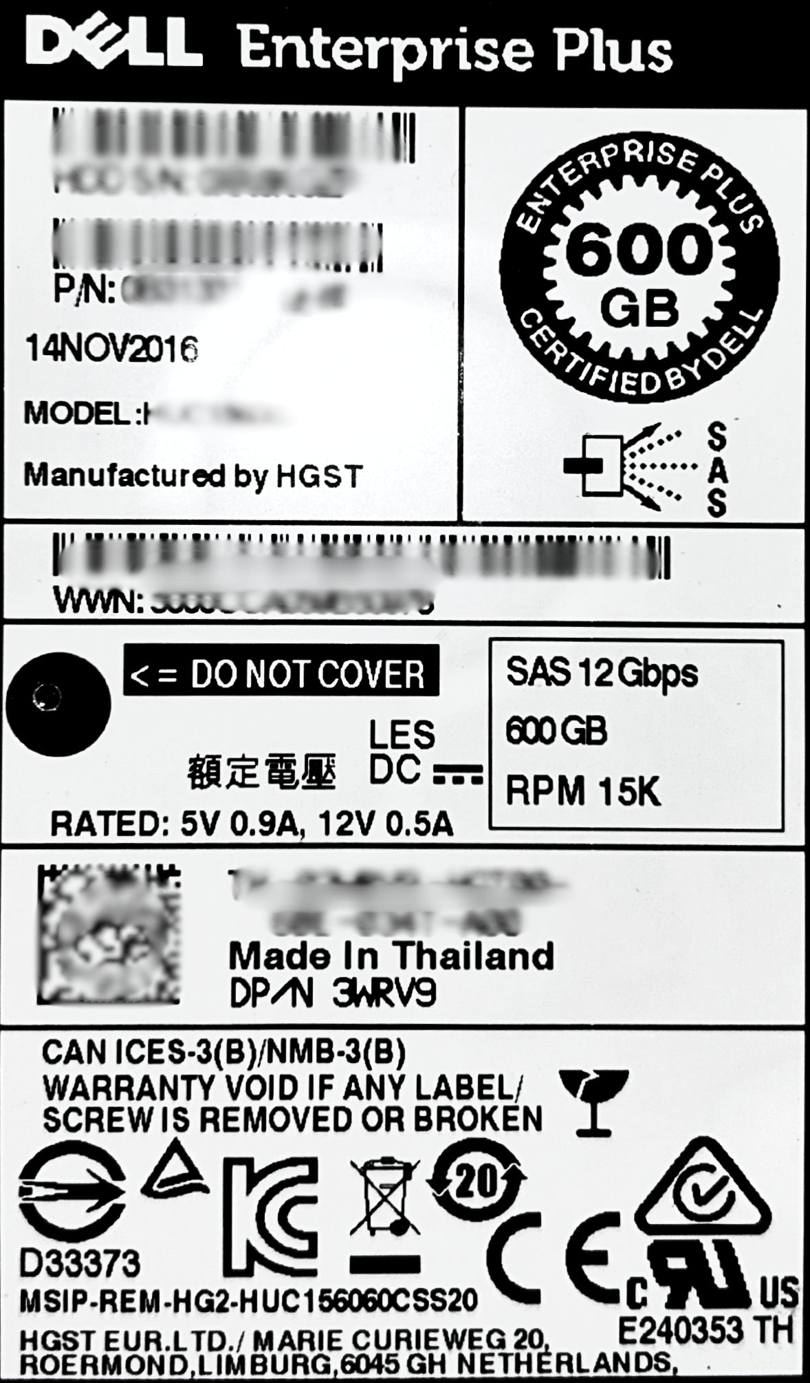 Dell 3WRV9 600GB 15K SAS 2.5 12G 0B31331 EP+, Used