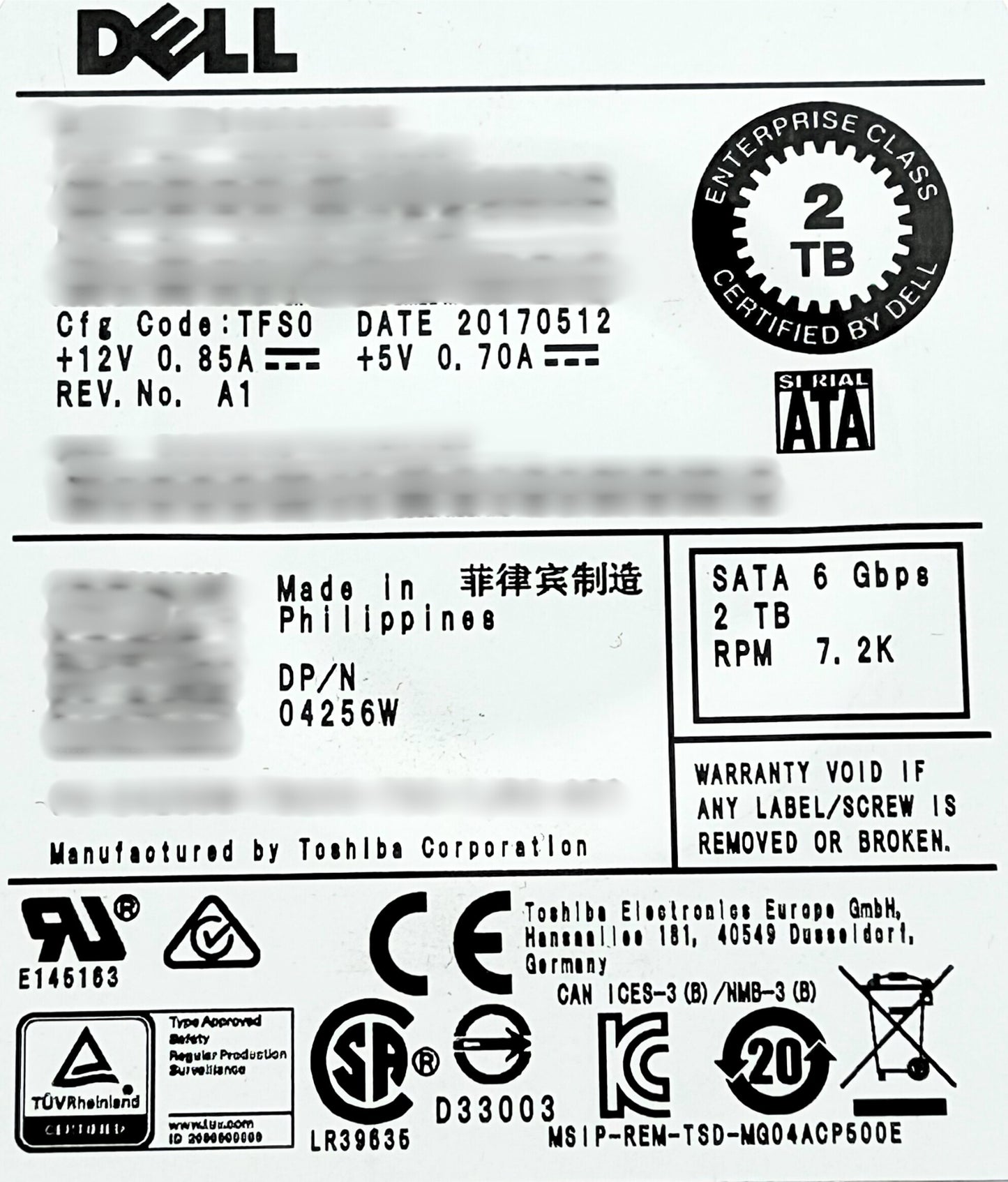 Dell 4256W 2TB 7.2K SATA 3.5 Inch 6G 512n 128mb MG04ACA200N / HDEPR03DAA51, Used