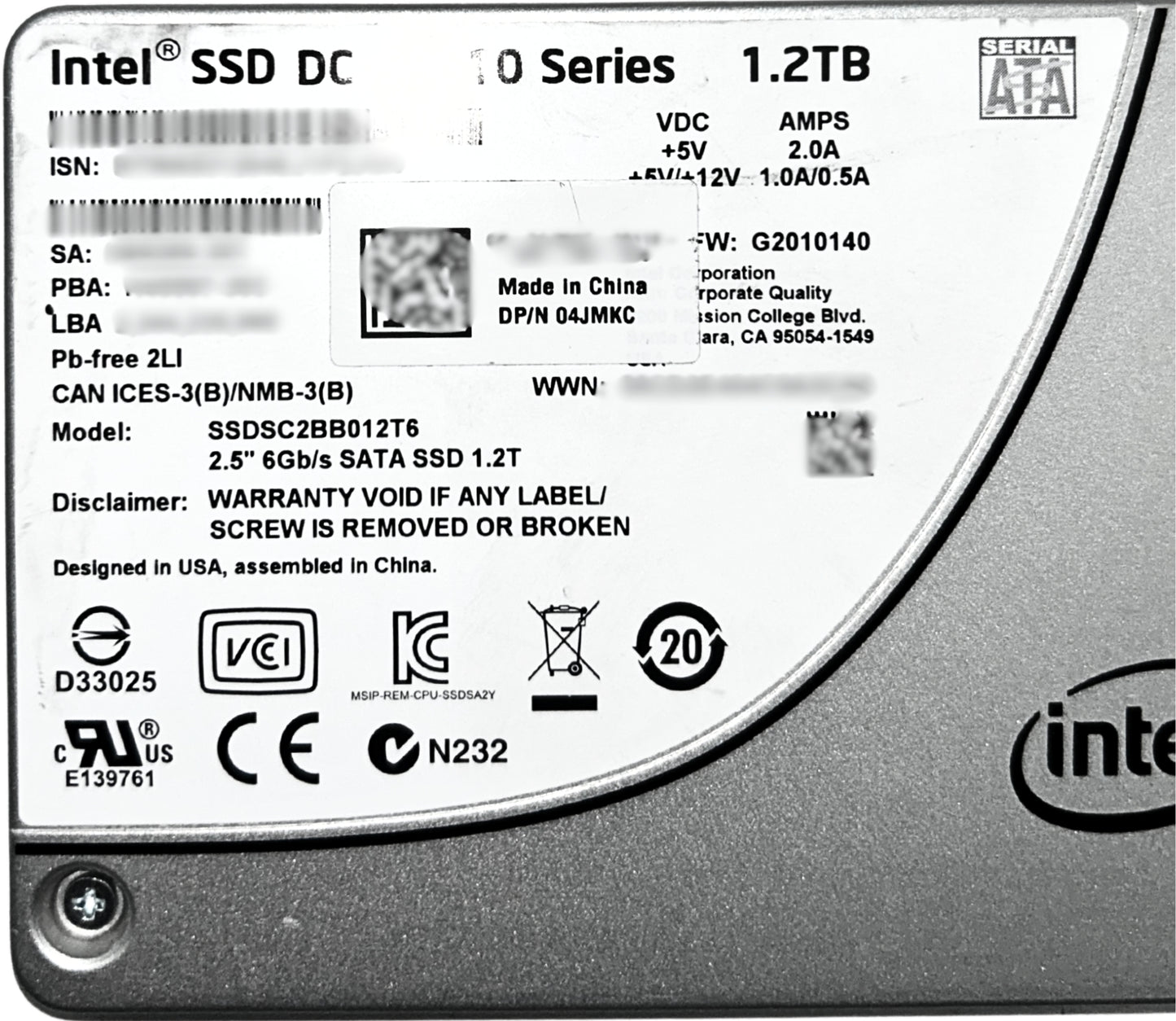 Dell 4JMKC 1.2TB SSD SATA 2.5 6G S3510 SSDSC2BB012T6, Used