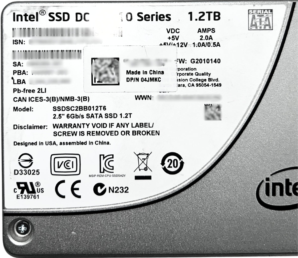 Dell 4JMKC 1.2TB SSD SATA 2.5 6G S3510 SSDSC2BB012T6, Used