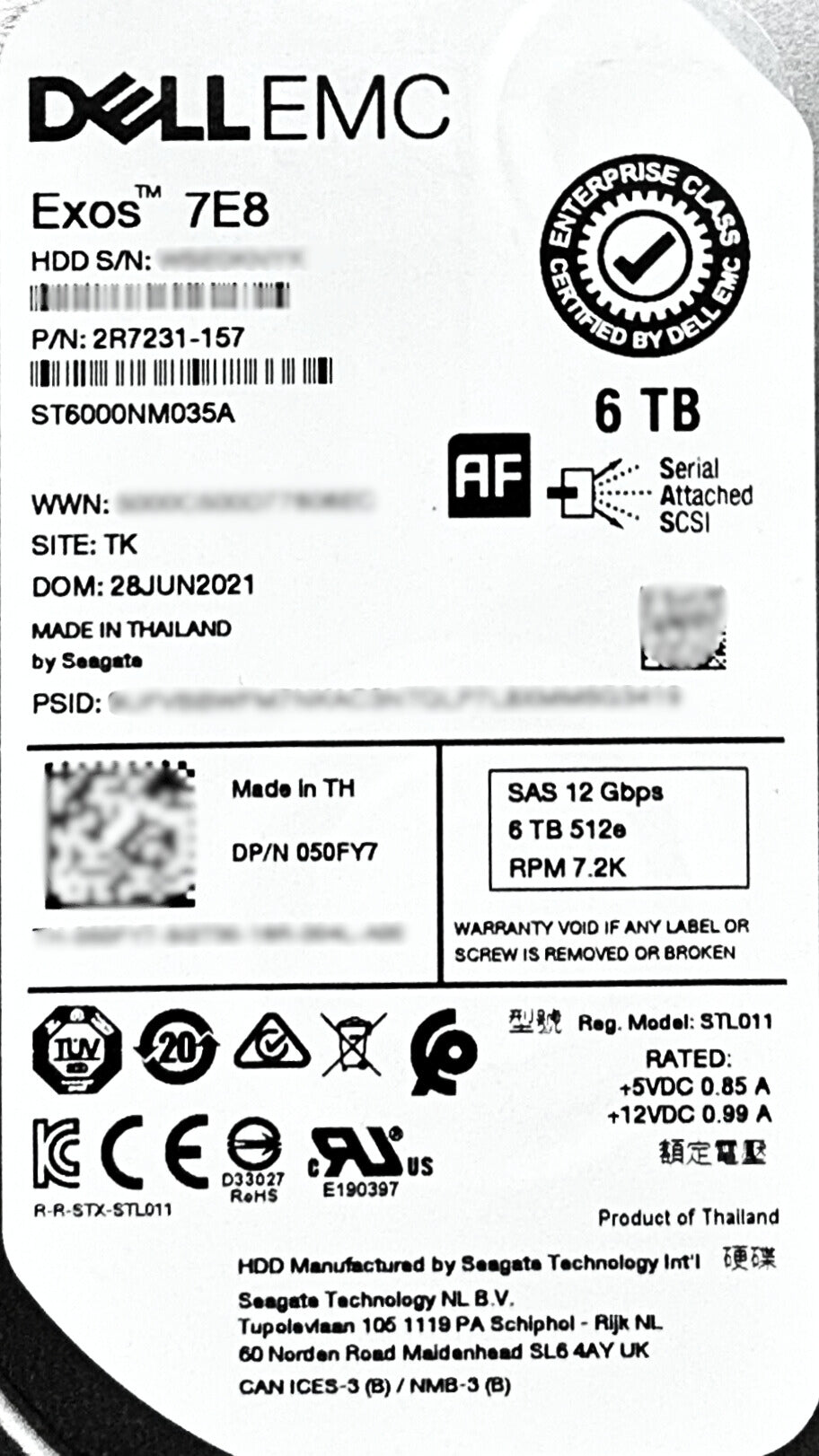 Dell 50FY7-CML 6TB 7.2K SAS 3.5 12G ST6000NM035A / 2R7231-157 EP+, Used