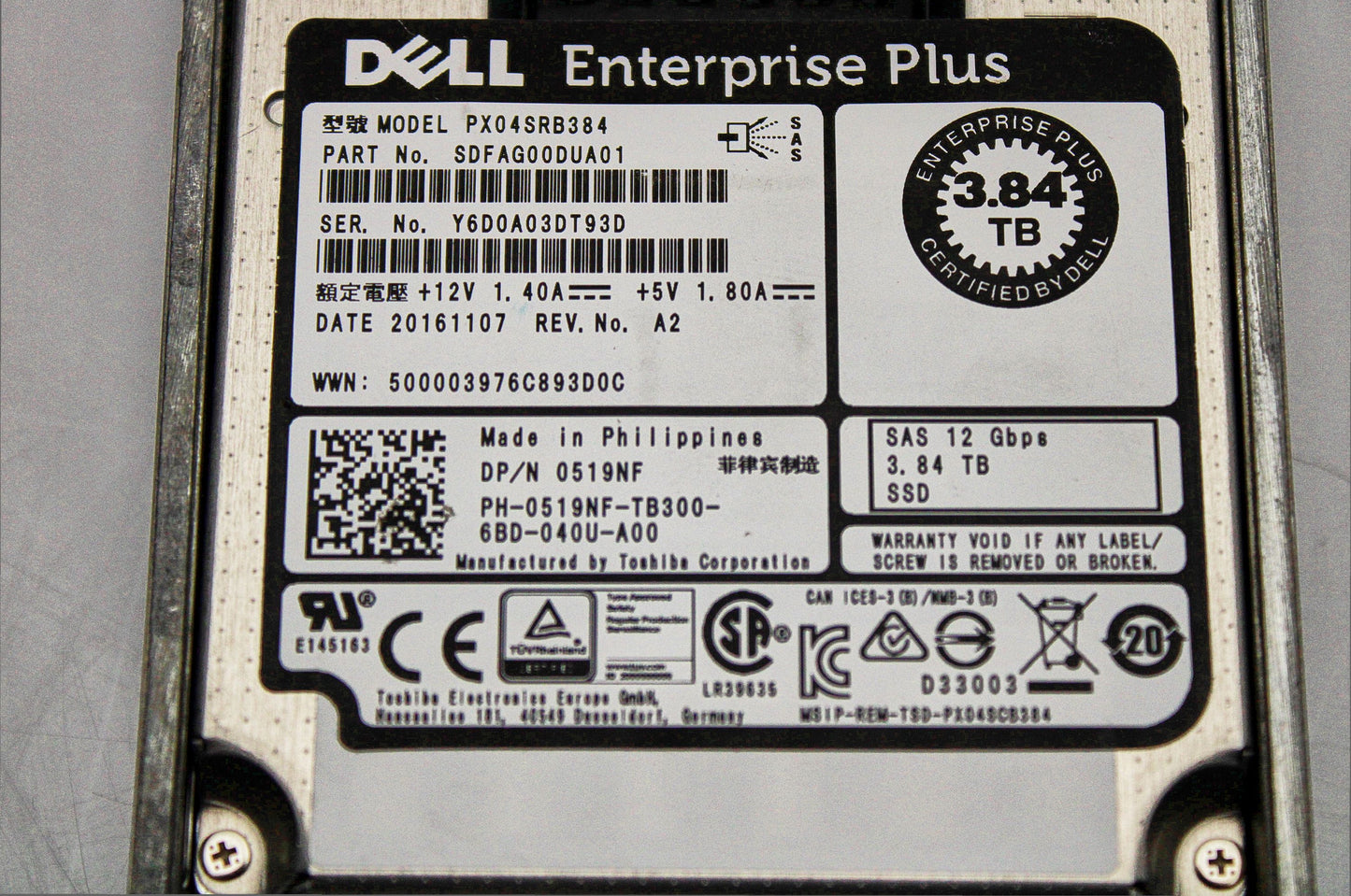 Dell 519NF-CML 3.84TB SSD SAS 2.5 12G RI PX04 E+, Used