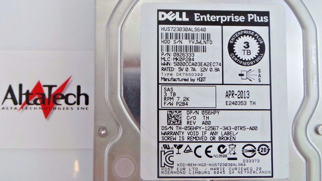 Dell 056HPY 3TB 7.2K SAS 3.5" 6G HDD, Used
