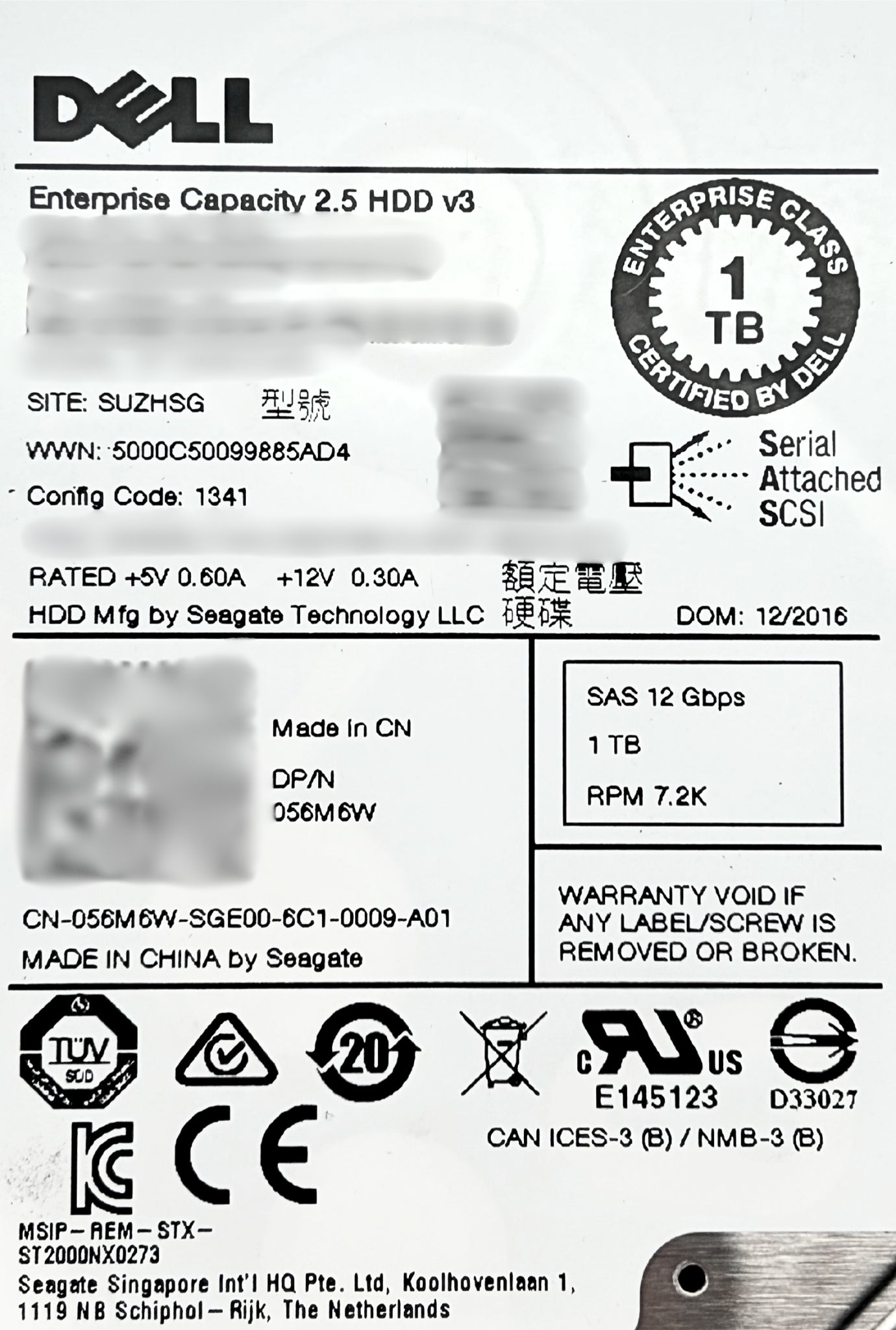 Dell 56M6W 1TB 7.2K SAS 2.5 inch 12G Hard Disk Drive, Used