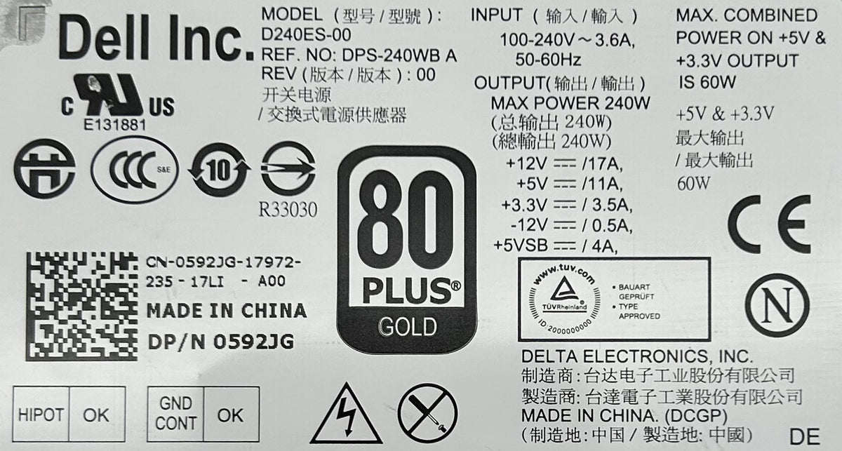 Dell 592JG 240W Power Supply OPT 7010 SFF, Used