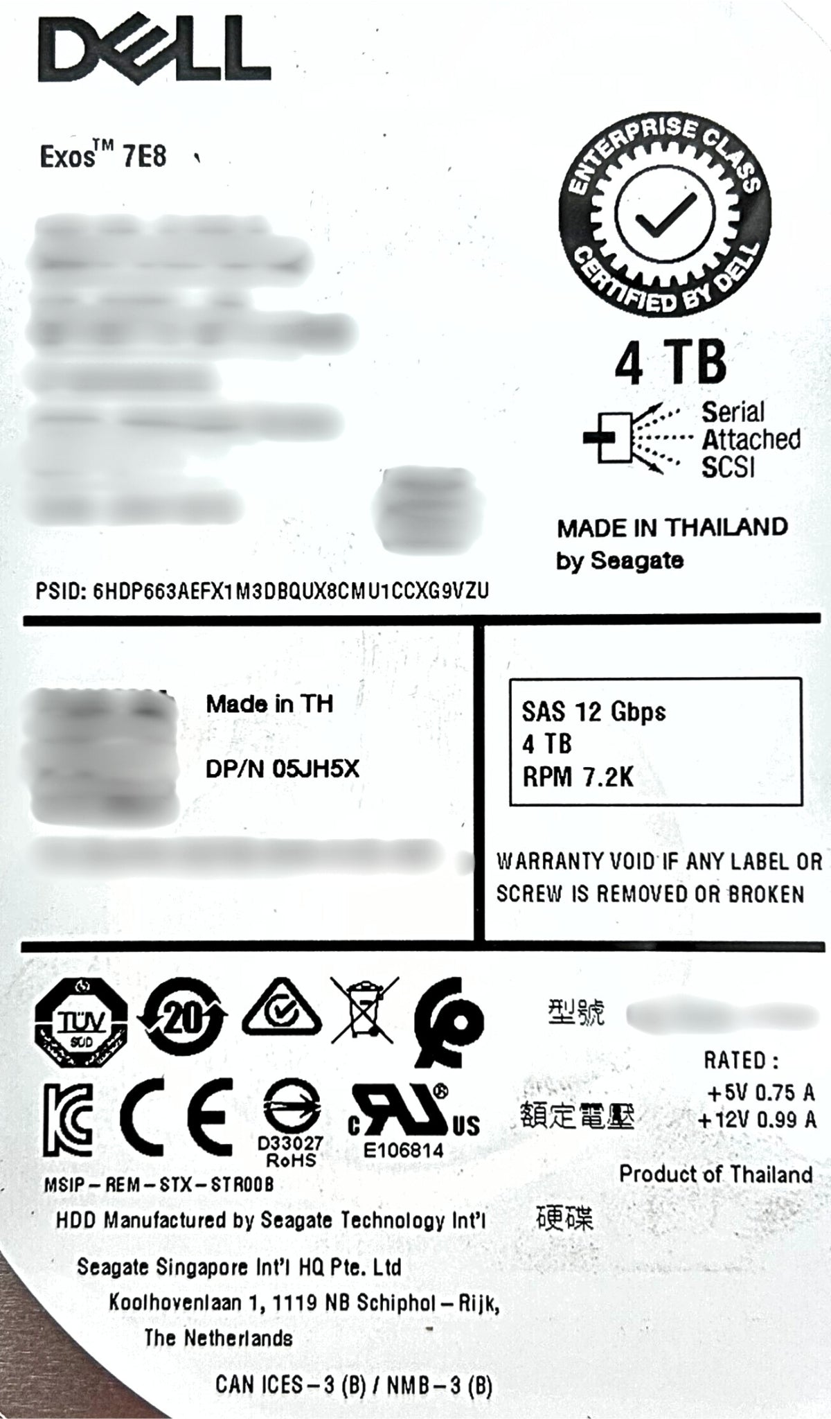 Dell 5JH5X 4TB 7.2K SAS 3.5 12G ST4000NM0295 / 2FS207-150, Used