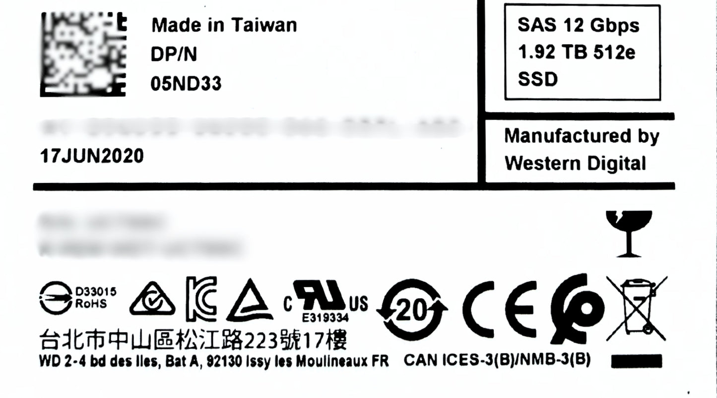 Dell 5ND33 1.92TB SSD SAS 2.5 12G RI WUSTR1519ASS200 / 0B40552, Used