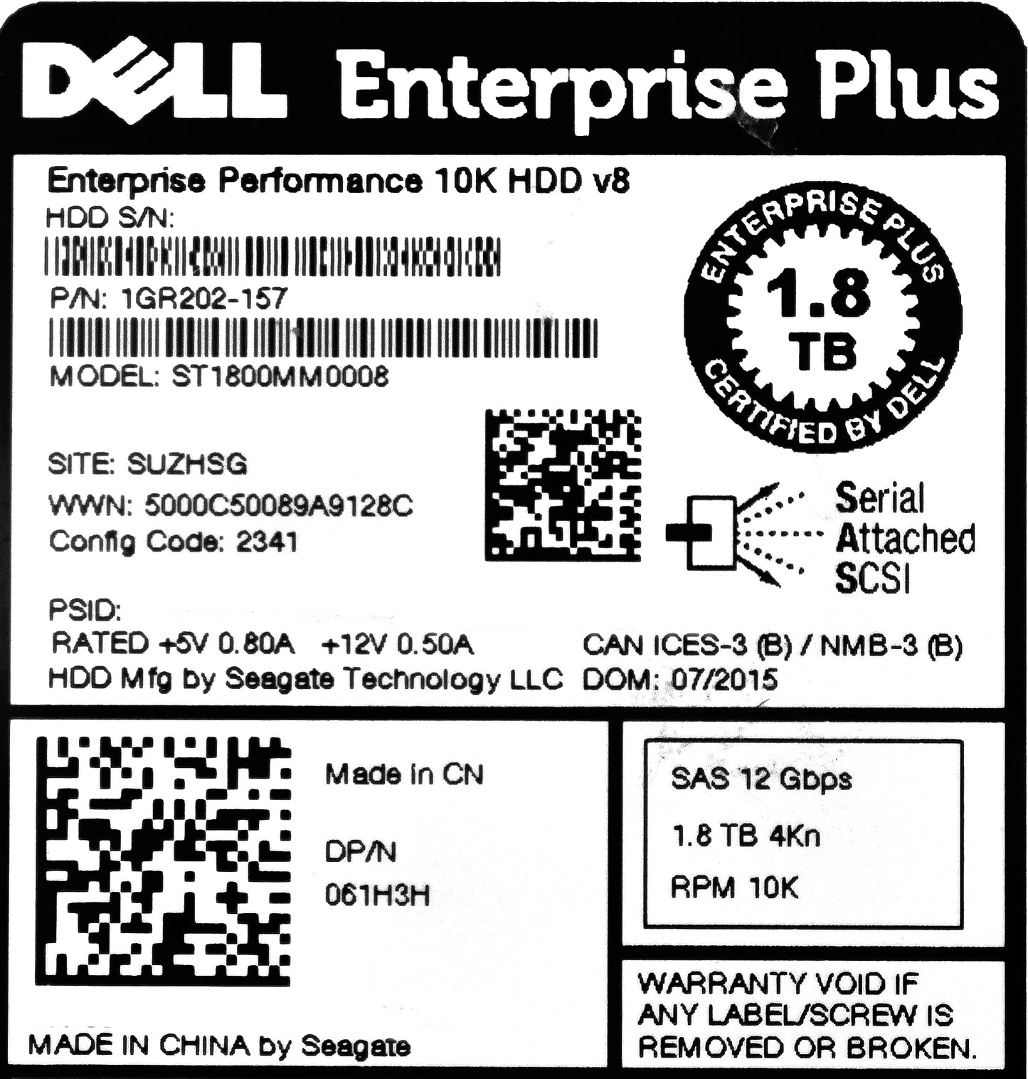 Dell 61H3H-CML 1.8TB 10K SAS 2.5 12G 4K HDD, Used