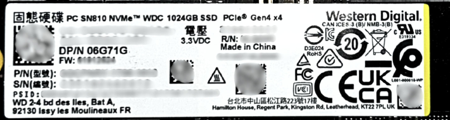 Dell 6G71G 1TB SSD M.2 NVMe 80 G4x4 SN810 SDCPNRY-1T00-1012 (1) laptop, Used
