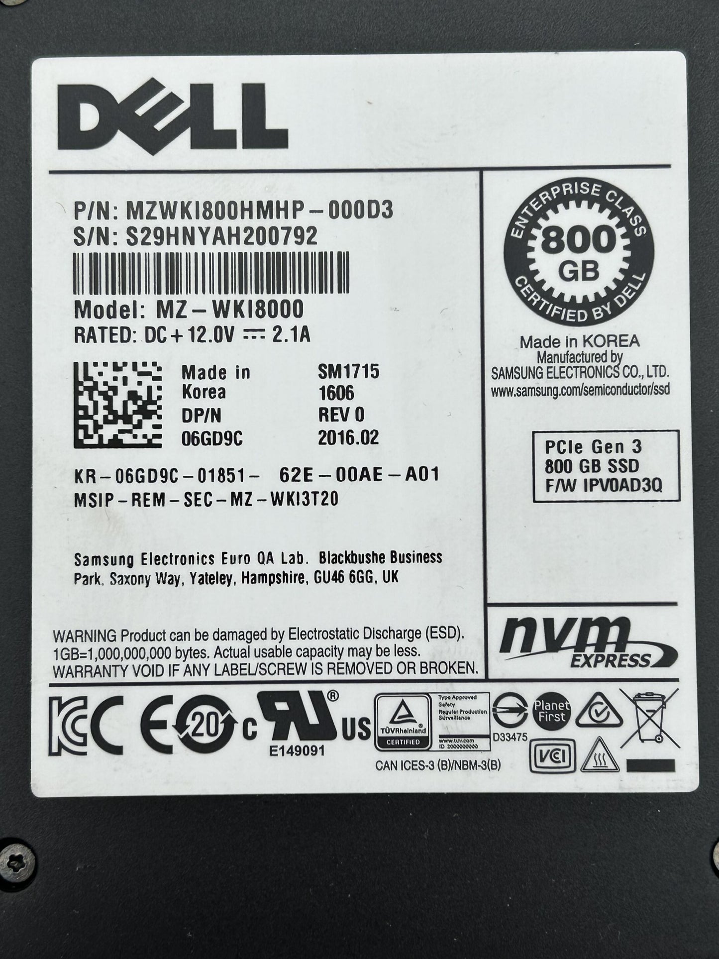 Dell 6GD9C 800GB SSD SAS 2.5 NVME, Used