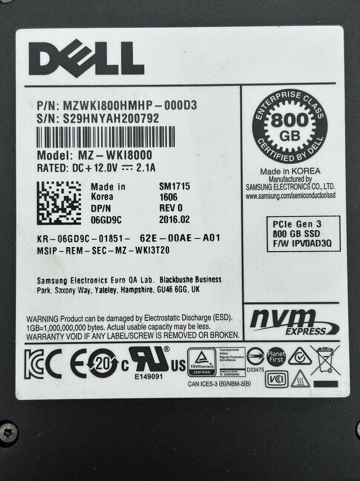 Dell 6GD9C 800GB SSD SAS 2.5 NVME, Used