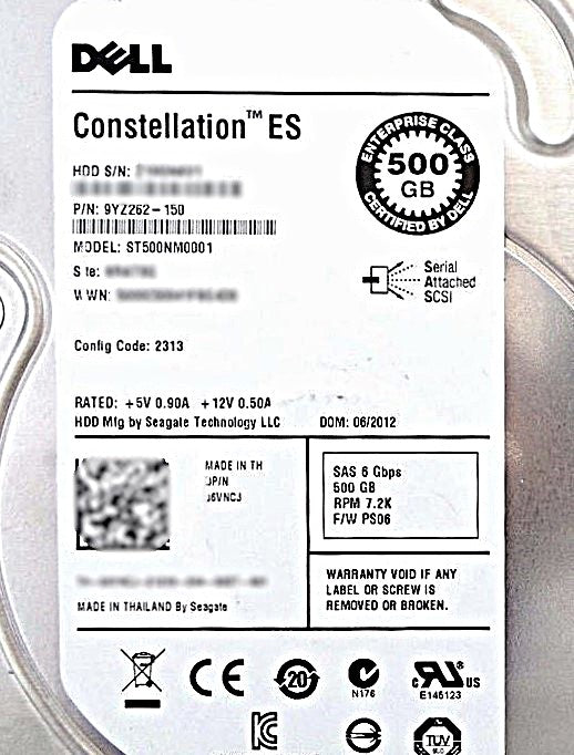 Dell 06VNCJ 500GB 7.2K SAS 3.5" 6G, Used