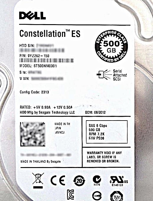 Dell 06VNCJ 500GB 7.2K SAS 3.5" 6G, Used