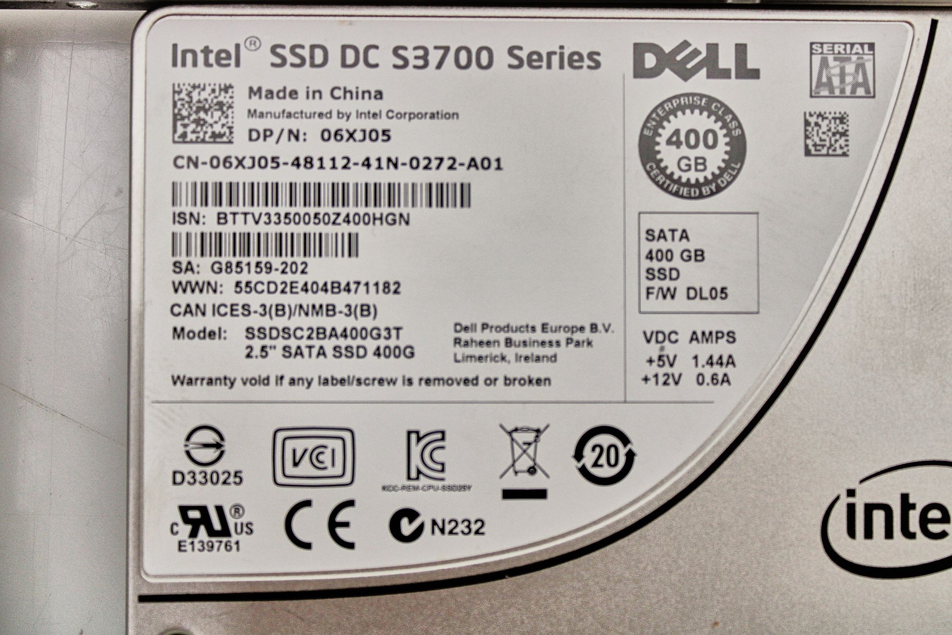 Dell 6XJ05 400GB SSD SATA MLC 6G MU, Used