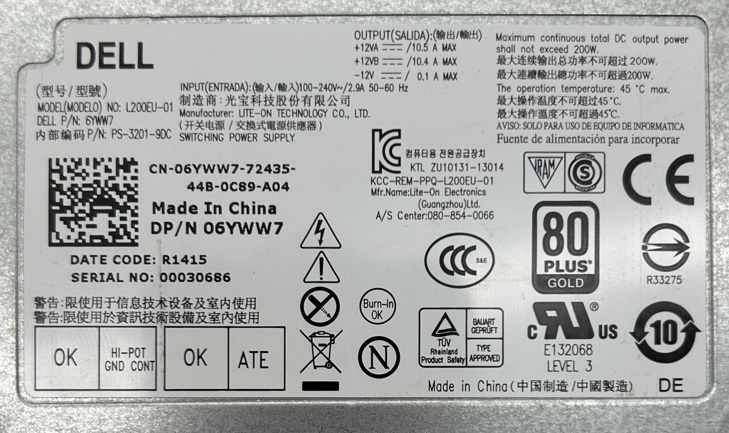 Dell 6YWW7 200W POWER OPT 9020 USFF, Used