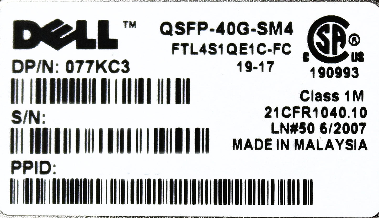 Dell 77KC3 Dell 40GB QSFP+ FC Short Range transceiver, Used