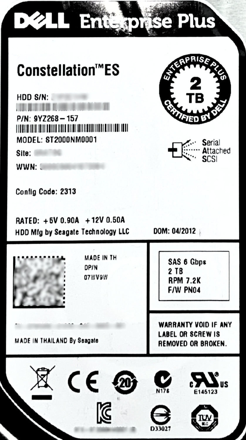 Dell 7WV9W 2TB 7.2K SAS 3.5 6G 9YZ268-157 EP+, Used