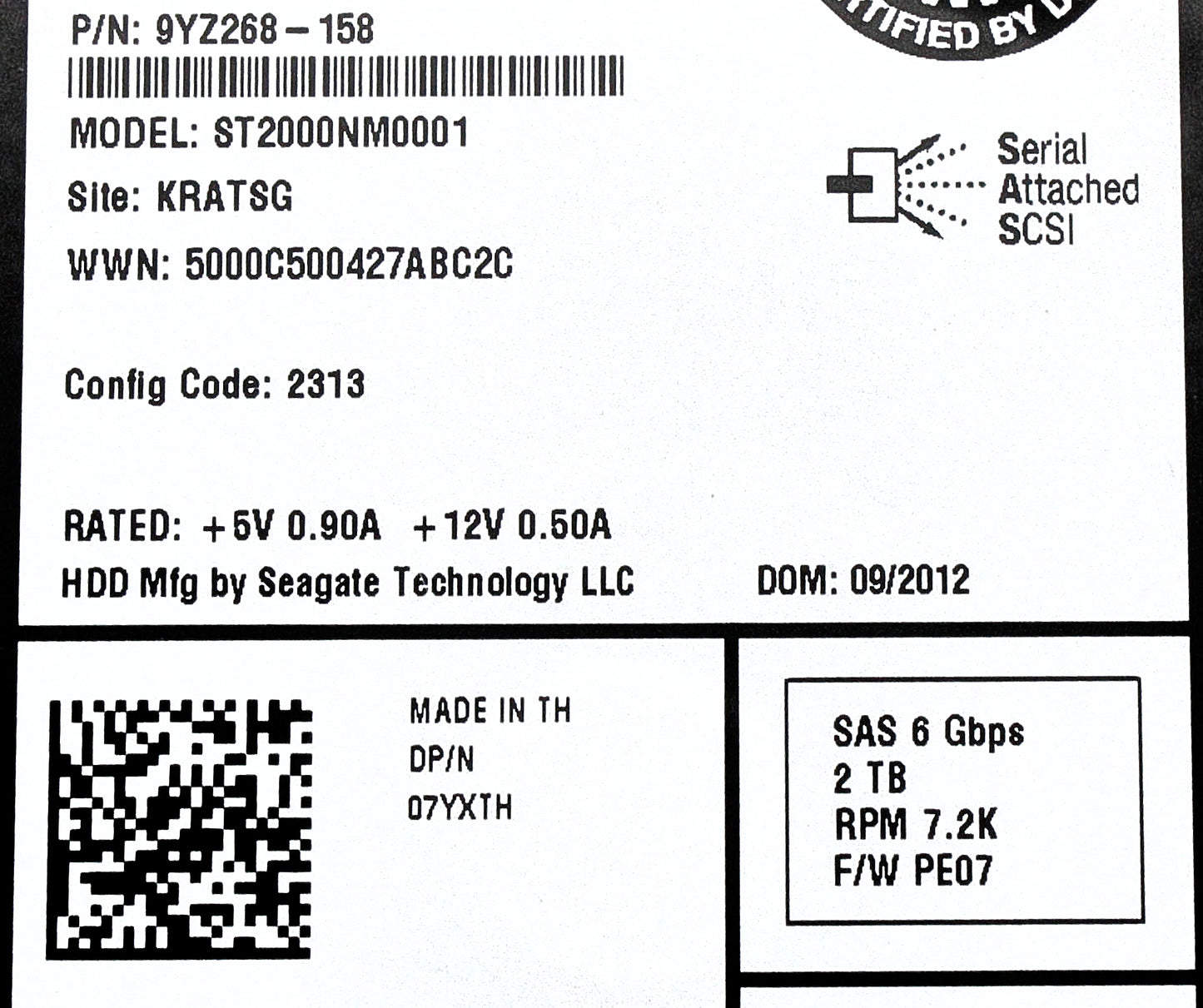 Dell 7YXTH 2TB 7.2K SAS 3.5 6G HDD EP+, Used