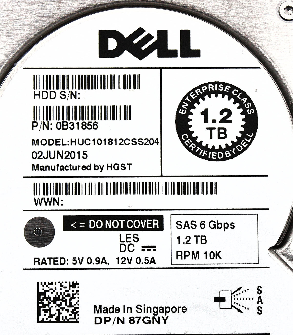 Dell 87GNY 1.2TB 10K SAS 2.5 6G 512n 128mb HUC101812CSS204 / 0B31856, Used