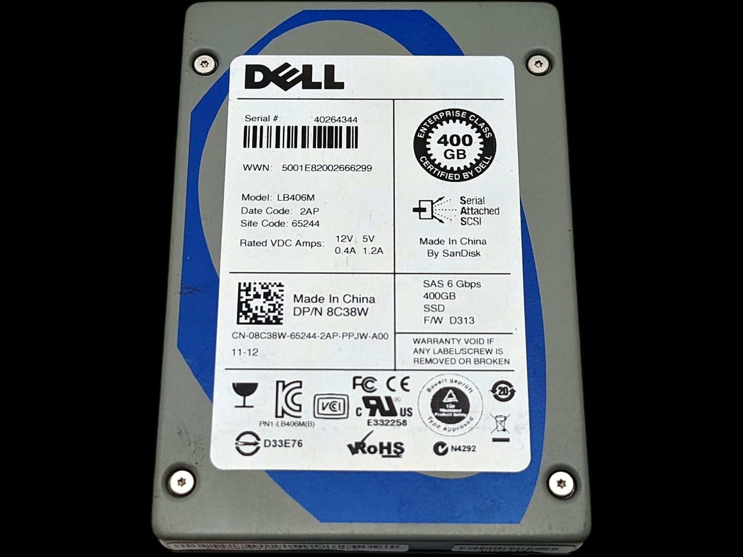 Dell 8C38W 400GB SSD SAS 2.5" 6G MU, Used