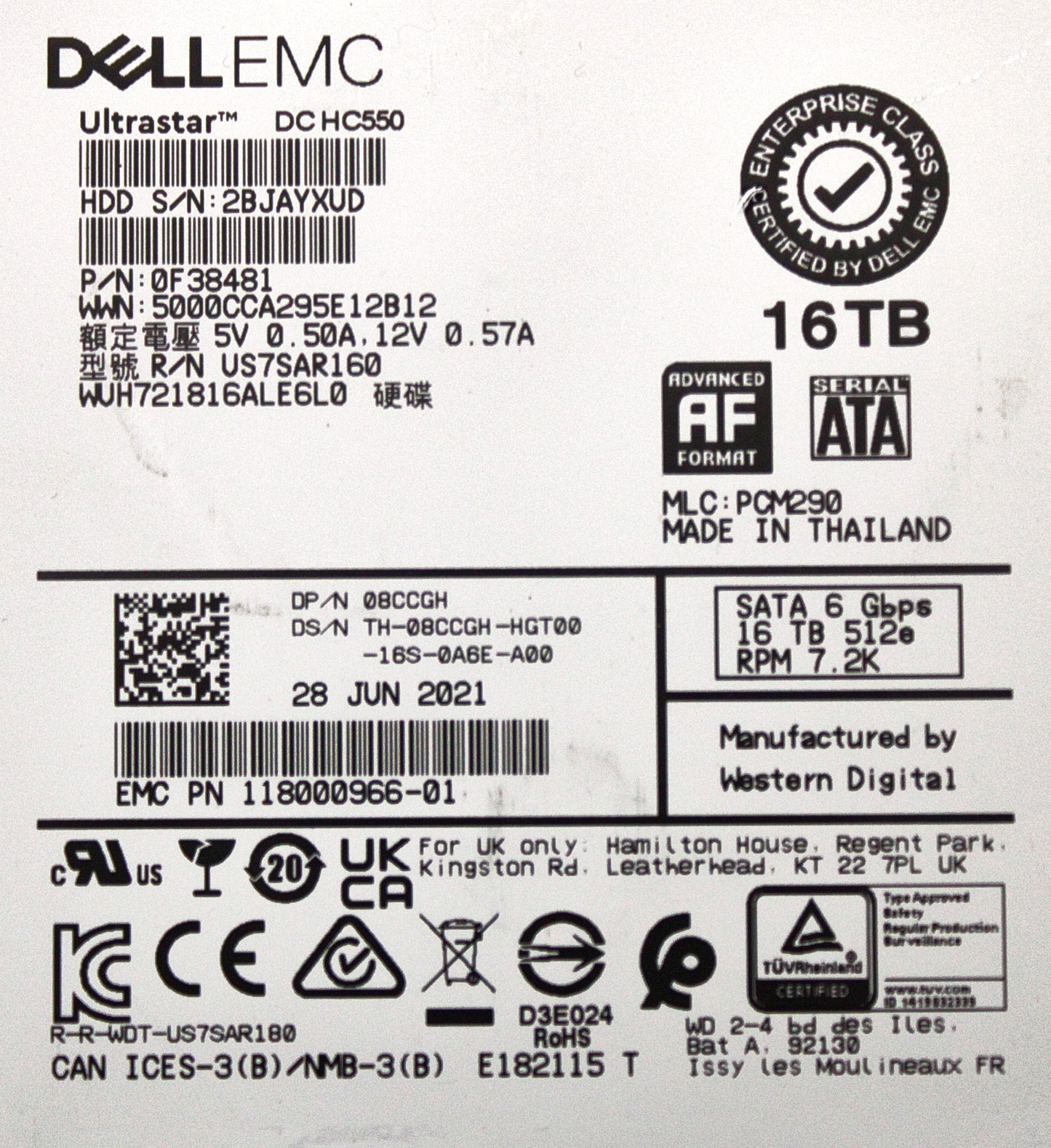 Dell 8CCGH 16TB 7.2K SATA 3.5 6G WUH721816AL6L0 / 0F38481, Used