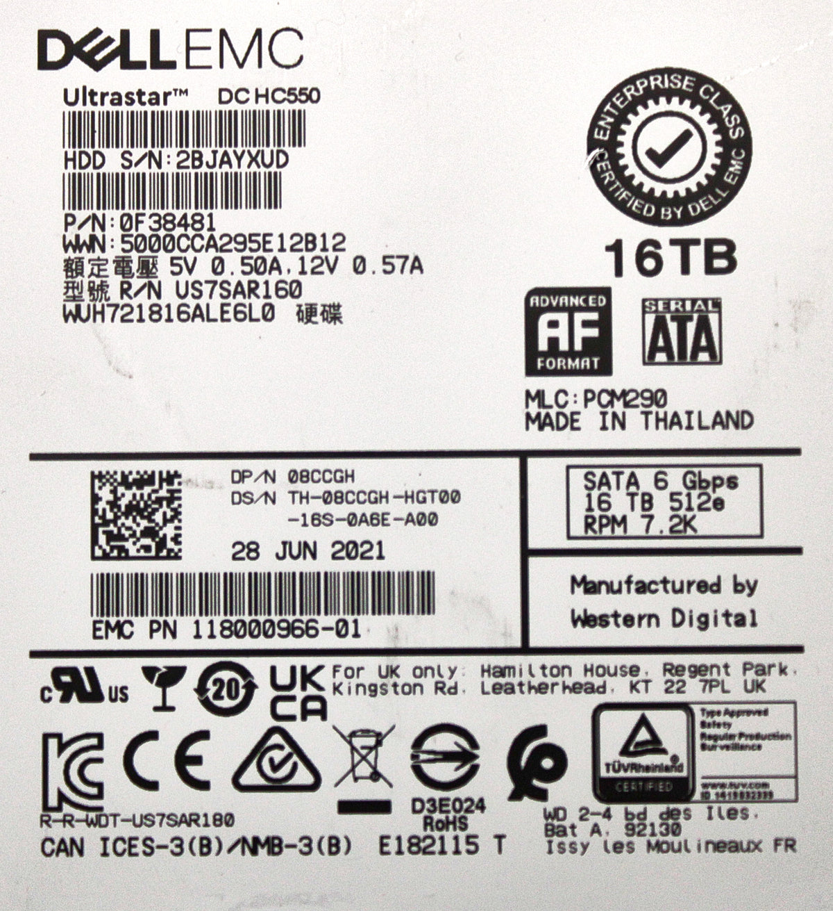 Dell 8CCGH 16TB 7.2K SATA 3.5 6G WUH721816AL6L0 / 0F38481, Used