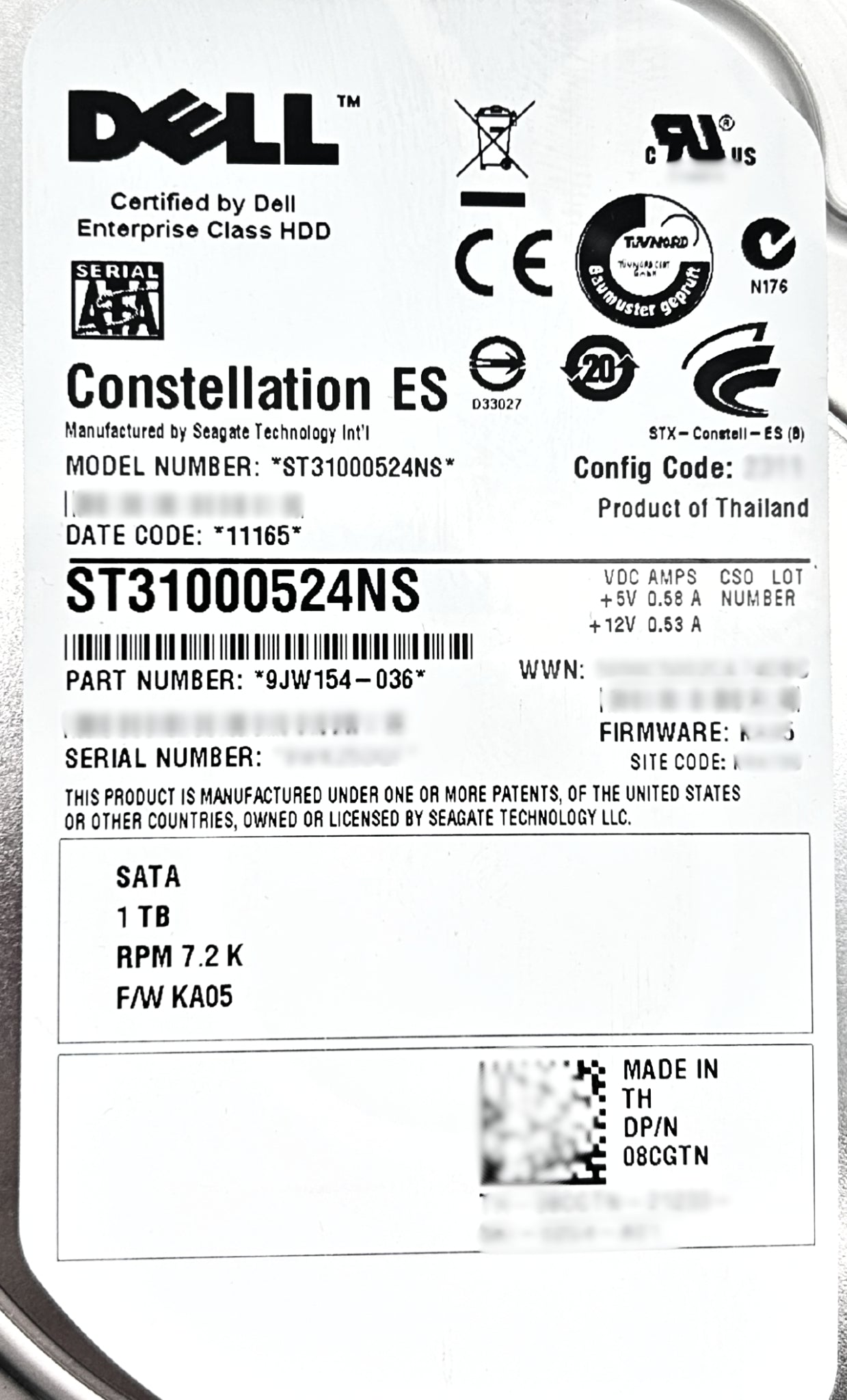 Dell 8CGTN 1TB 7.2K SATA 3.5 3G EP, Used