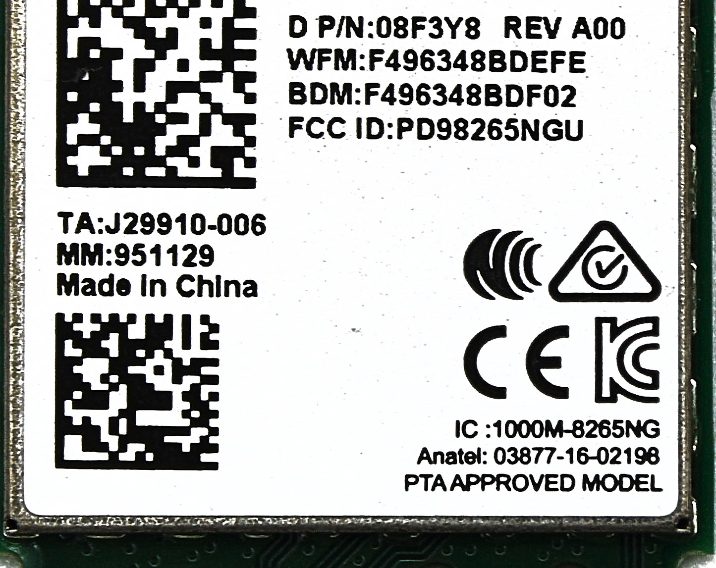 Dell 8F3Y8 WI-FI LAN CARD M.2,8265AC, Used