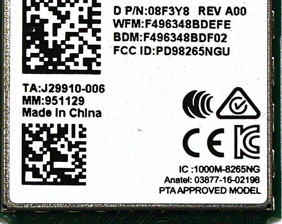 Dell 8F3Y8 WI-FI LAN CARD M.2,8265AC, Used