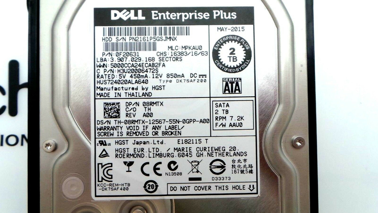 Dell 8RMTX-EQL EqualLogic  2TB 7.2K SATA 3.5" 6G, Used