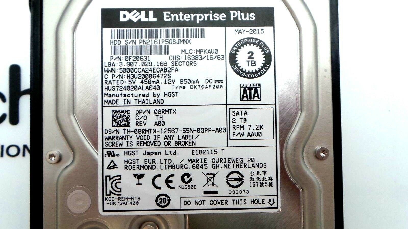 Dell 8RMTX-EQL EqualLogic  2TB 7.2K SATA 3.5" 6G, Used