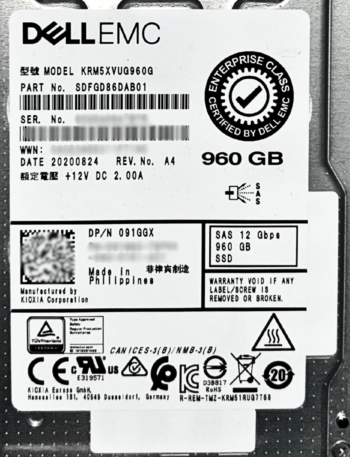 Dell 91GGX 960GB SSD SAS 2.5 12G MU KRM5XVUG960G / SDFGD86DAB01, Used