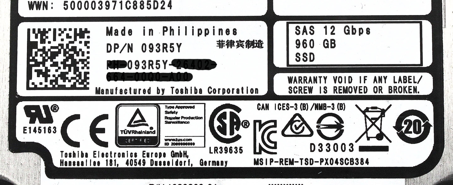 Dell 93R5Y-CML 960GB SSD SAS 2.5 12G EP+ PX04SRB096 / SDFAG02DUA01, Used