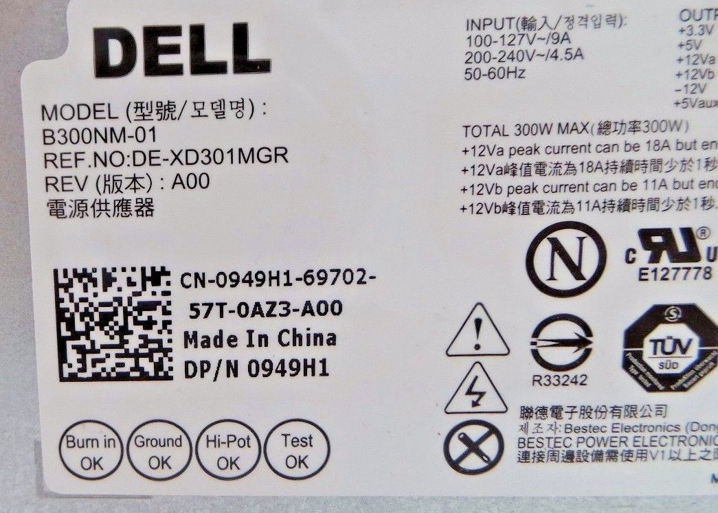Dell 0949H1 Inspiron 3847 300W Power Supply Unit, Used