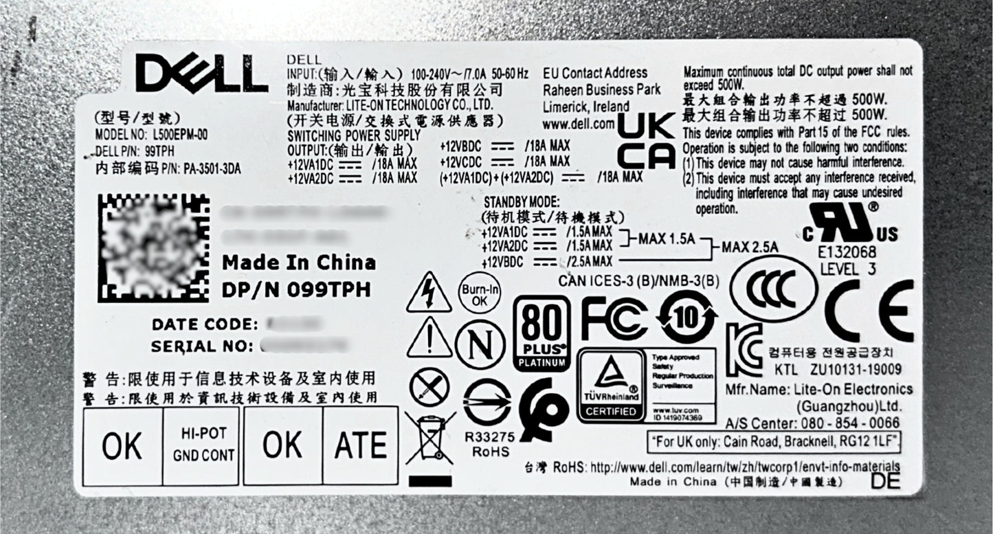 Dell 99TPH 500W Power Supply XPS 8940 L500EPM-00, Used