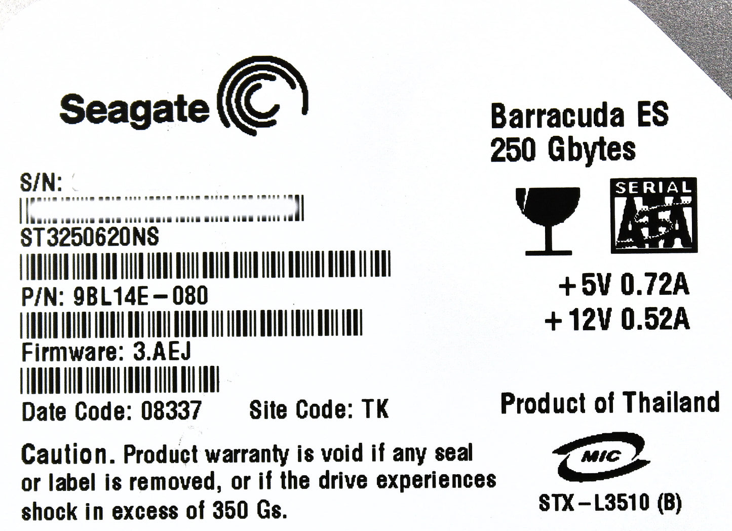 Dell 9BL14E-080 250GB 7.2K SATA 3.5 3AEJ EQL, Used