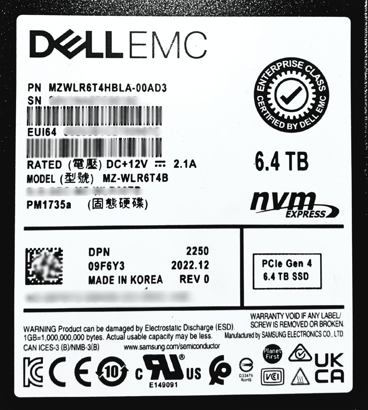 Dell 9F6Y3 6.4TB PCIe Gen4 NVMe Mix Use TLC 2.5 SSD, Used