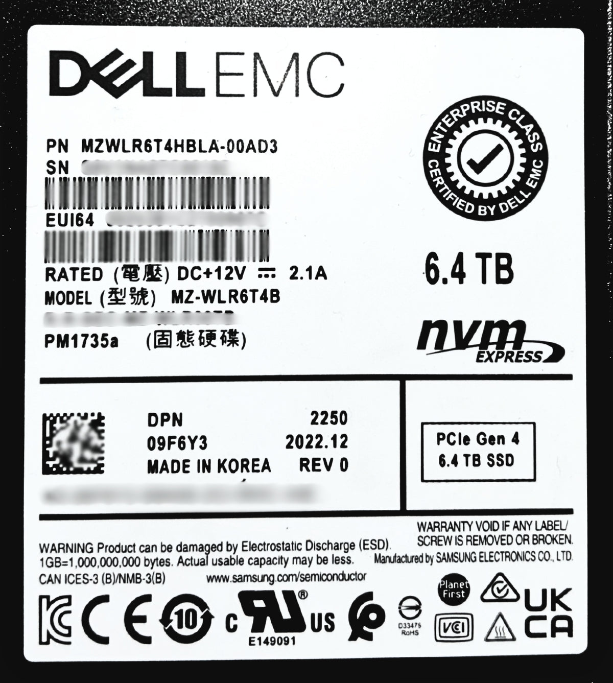 Dell 9F6Y3 6.4TB PCIe Gen4 NVMe Mix Use TLC 2.5 SSD, Used