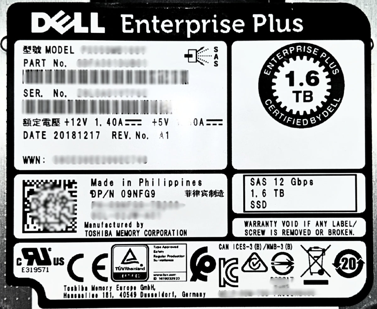 Dell 9NFG9 1.6TB SSD SAS 2.5 12G WI PX05SMB160Y / SDFA381DAB01, Used