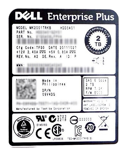 Dell 09V4DG 2TB 7.2K SAS 3.5" 6G, Used