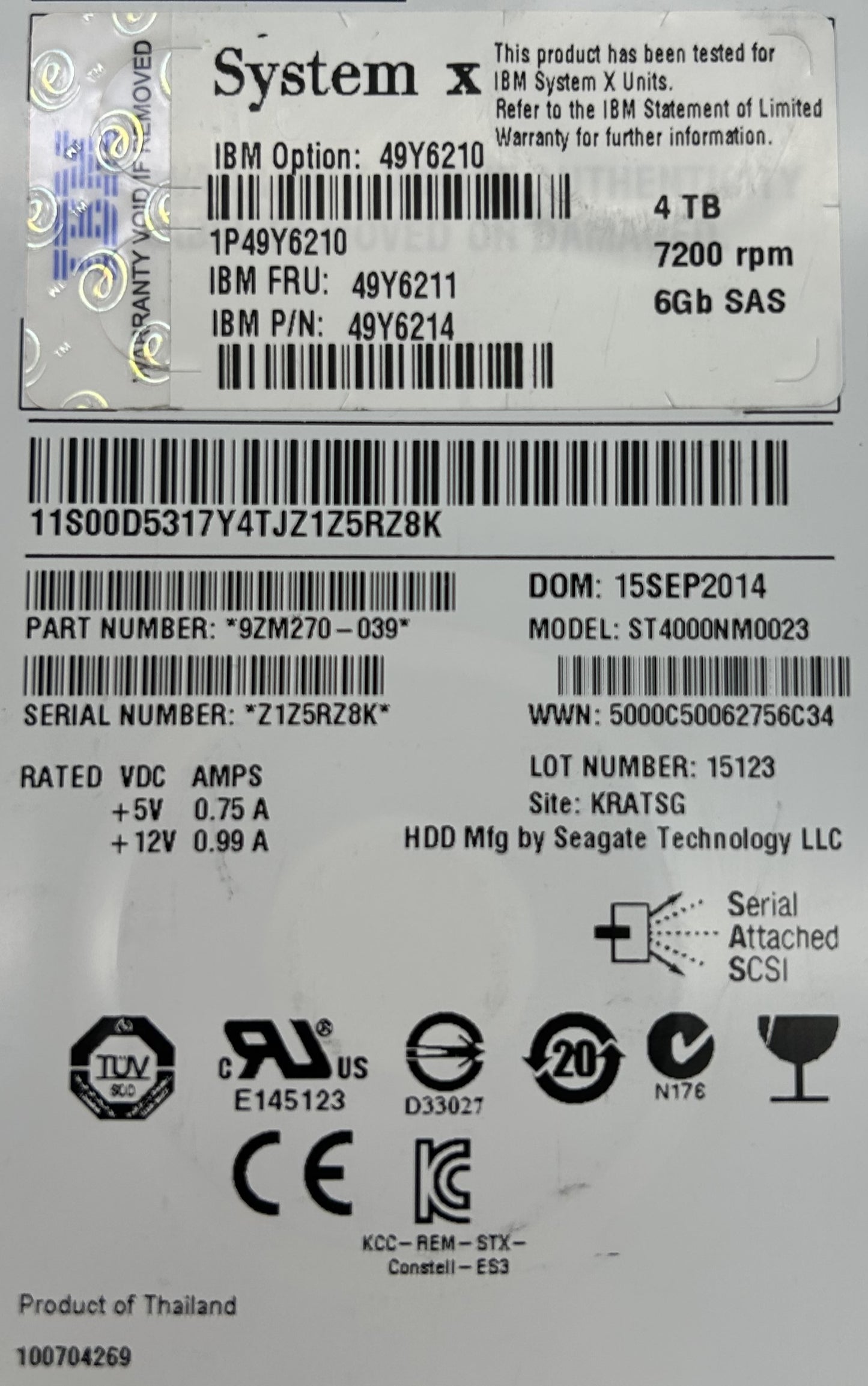 Dell 9ZM270-004 4TB 7.2K SAS 3.5 6G NL EC 9ZM270-04, Used