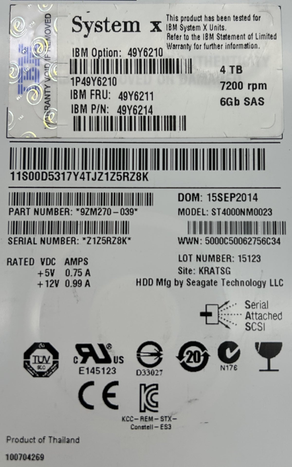 Dell 9ZM270-004 4TB 7.2K SAS 3.5 6G NL EC 9ZM270-04, Used