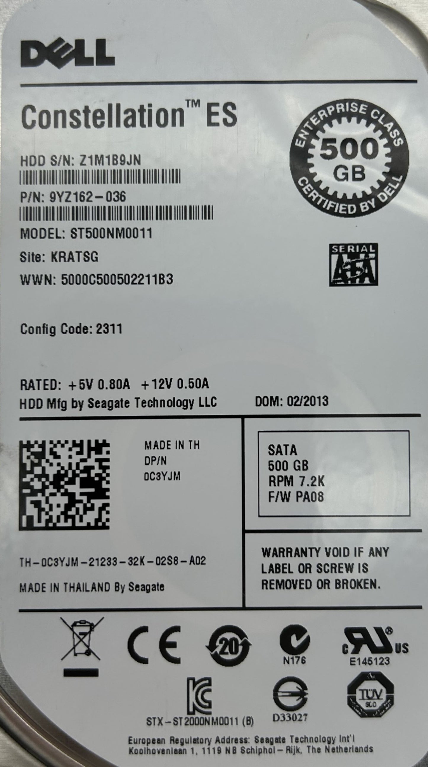 Dell C3YJM 500GB 7.2K SATA 3.5 6G EP, Used