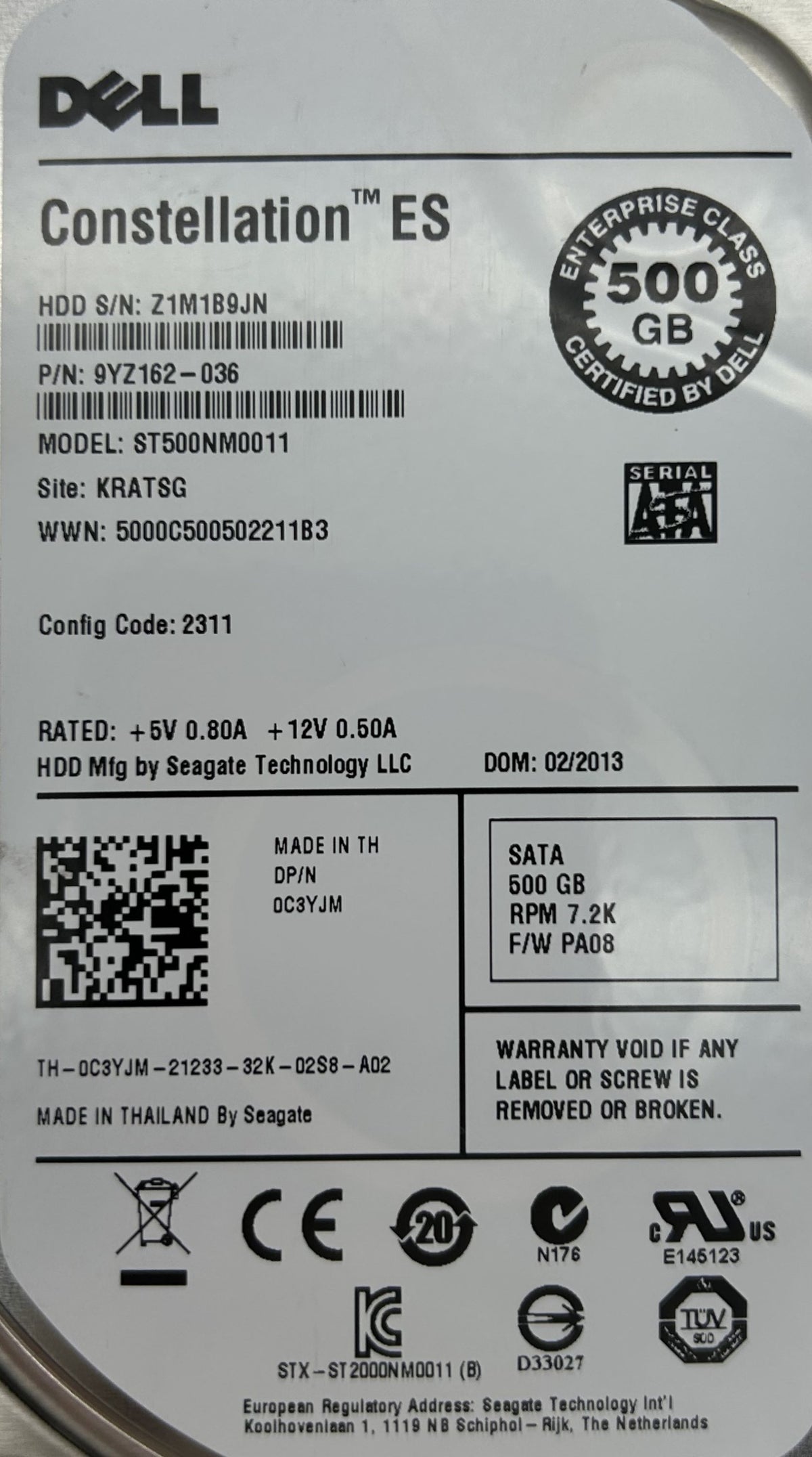 Dell C3YJM 500GB 7.2K SATA 3.5 6G EP, Used
