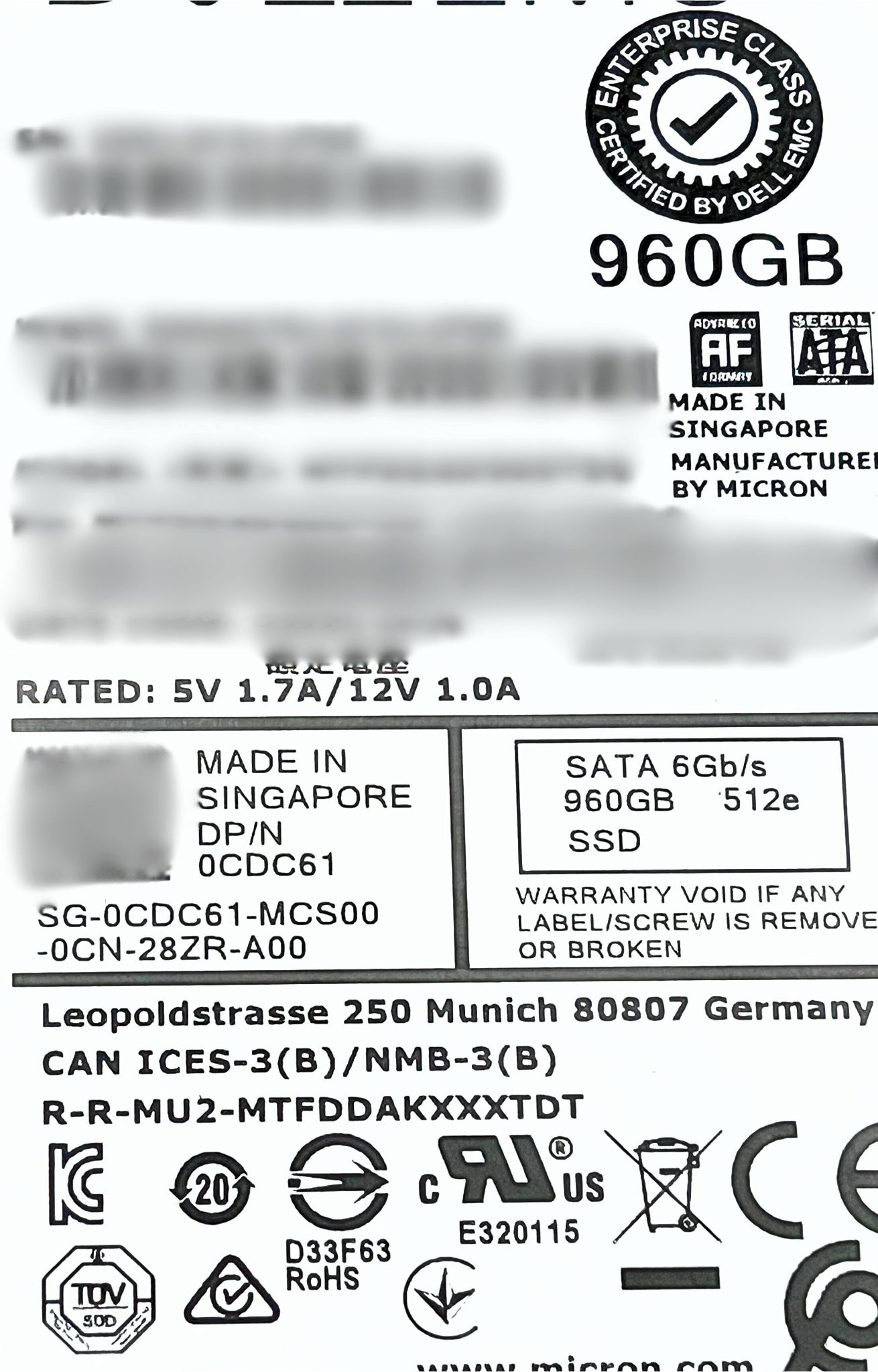 Dell CDC61 960GB SSD SATA 2.5 6G RI TLC 14G, Used