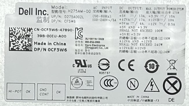 Dell CF5W6 275W Power Supply OPT 9010 MT, Used
