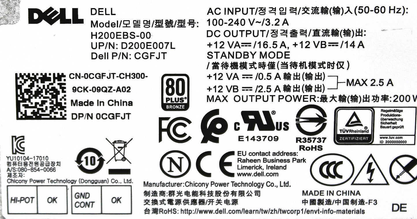 Dell CGFJT 200W POWER OPT 3060 5060 SFF, Used
