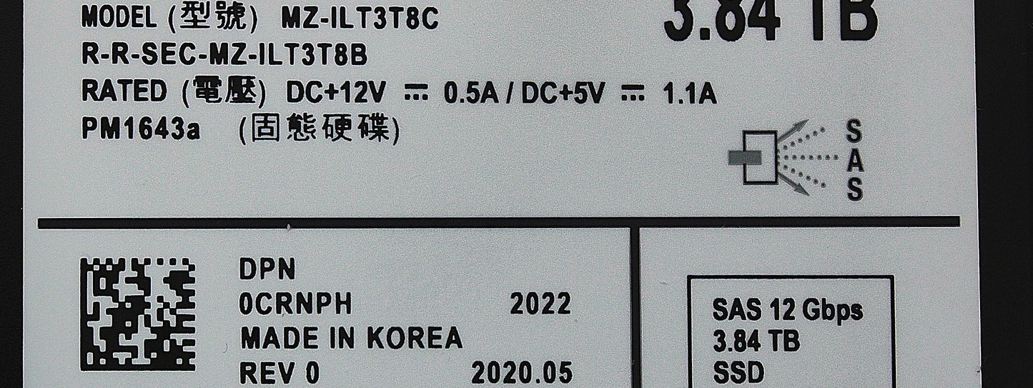 Dell CRNPH 3.84TB SSD SAS 2.5 12G RI ISE PM1643A MZILT3T8HBLSAD3, Used