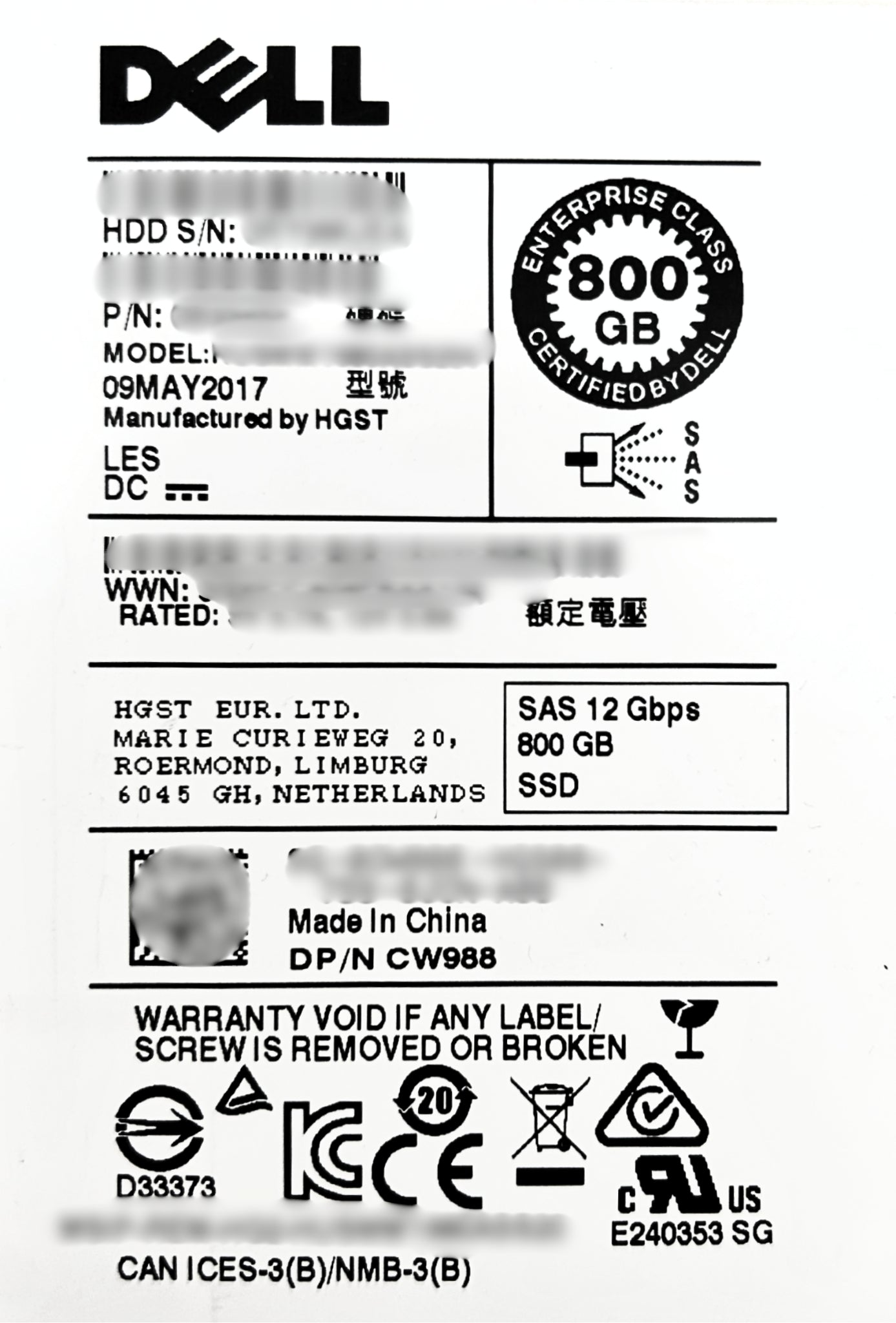 Dell CW988 800GB SSD SAS 2.5 12G WI, Used